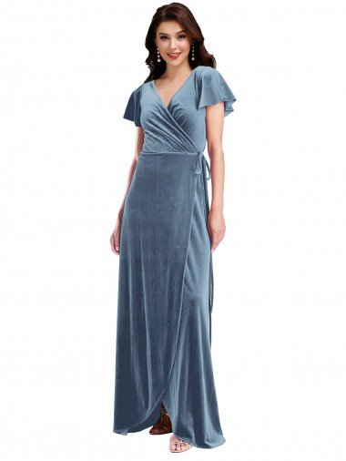 Flutter Sleeve Velvet Wrap Evening Maxi Dress with Pockets UK