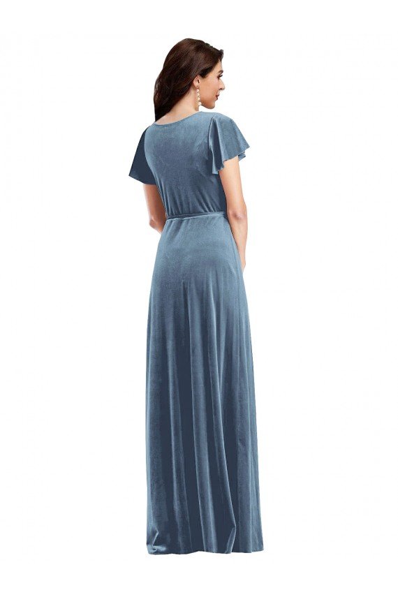 Flutter Sleeve Velvet Wrap Evening Maxi Dress with Pockets