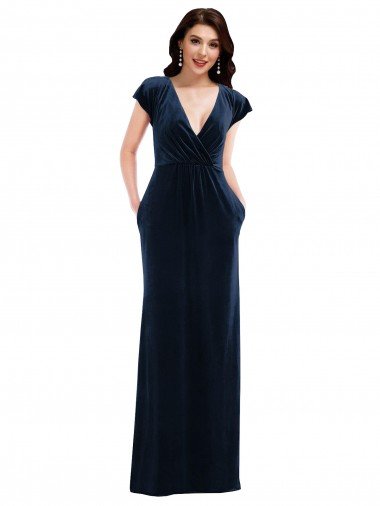Flutter Sleeve Wrap Bodice Velvet Evening Maxi Dress with Pockets UK