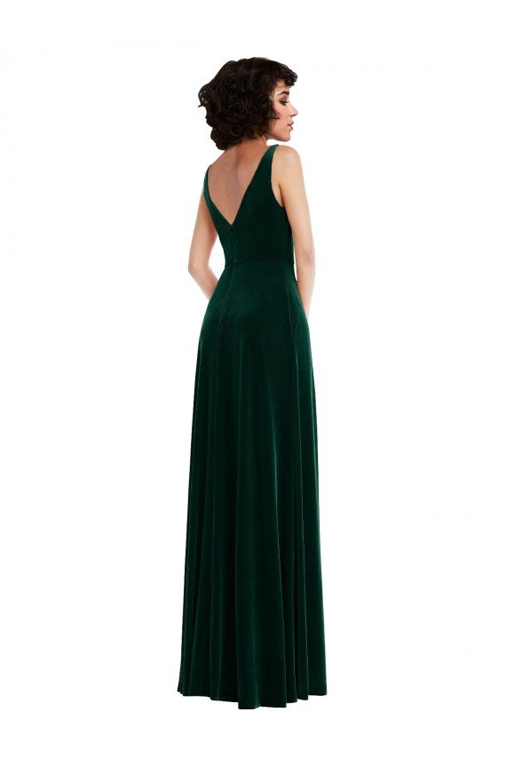 Floor Length Velvet Evening Maxi Dress with Shirred Bodice and Front Slit