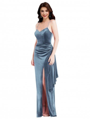Spaghetti Strap Velvet Evening Maxi Dress with Draped Skirt UK