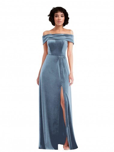 Draped Cuff Off the Shoulder Velvet Evening Maxi Dress with Pockets UK