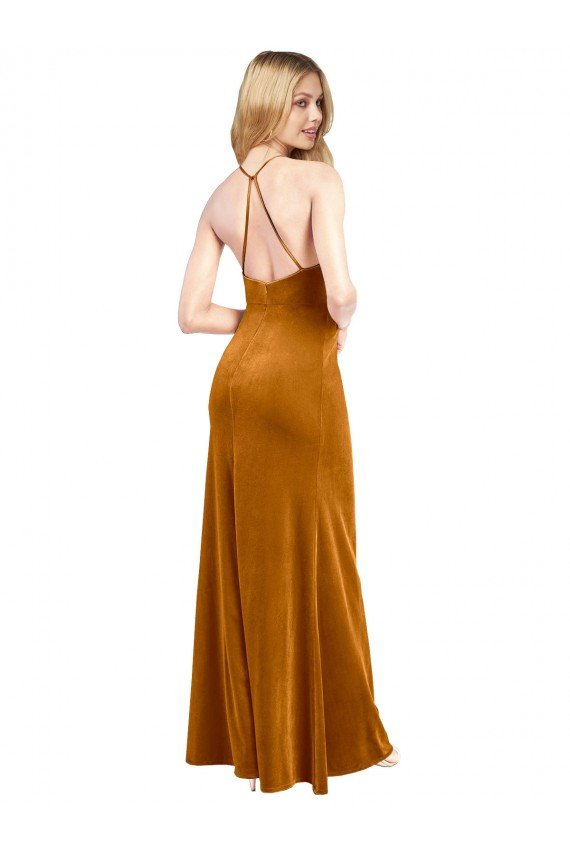 Halter Neckline Long Full Length Velvet Evening Dress with Strappy Back