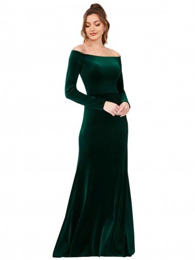 Off the Shoulder Long Sleeves Stretch Velvet Evening Dress UK