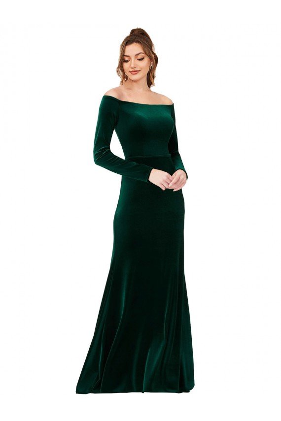 Off the Shoulder Long Sleeves Stretch Velvet Evening Dress