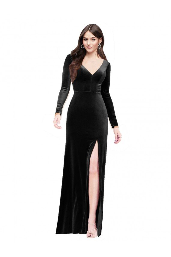 Long Sleeves Velvet Evening Dress with V-Neckline and Thigh Slit