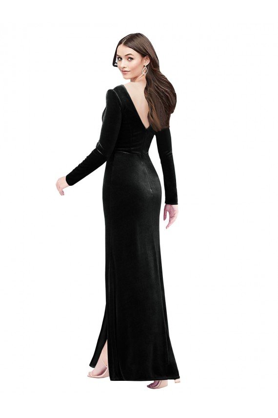 Long Sleeves Velvet Evening Dress with V-Neckline and Thigh Slit