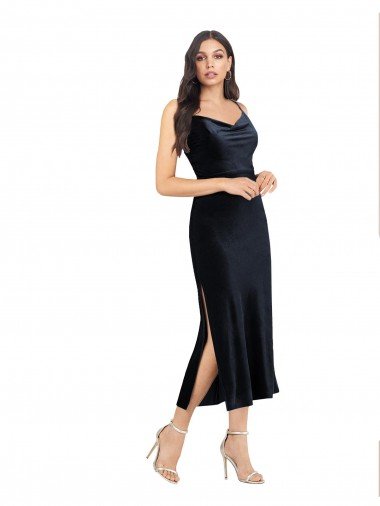 Midi Length Velvet Cocktail Evening Dress with Cowl Neck and Spaghetti Straps UK