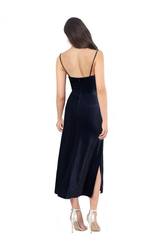 Midi Length Velvet Cocktail Evening Dress with Cowl Neck and Spaghetti Straps