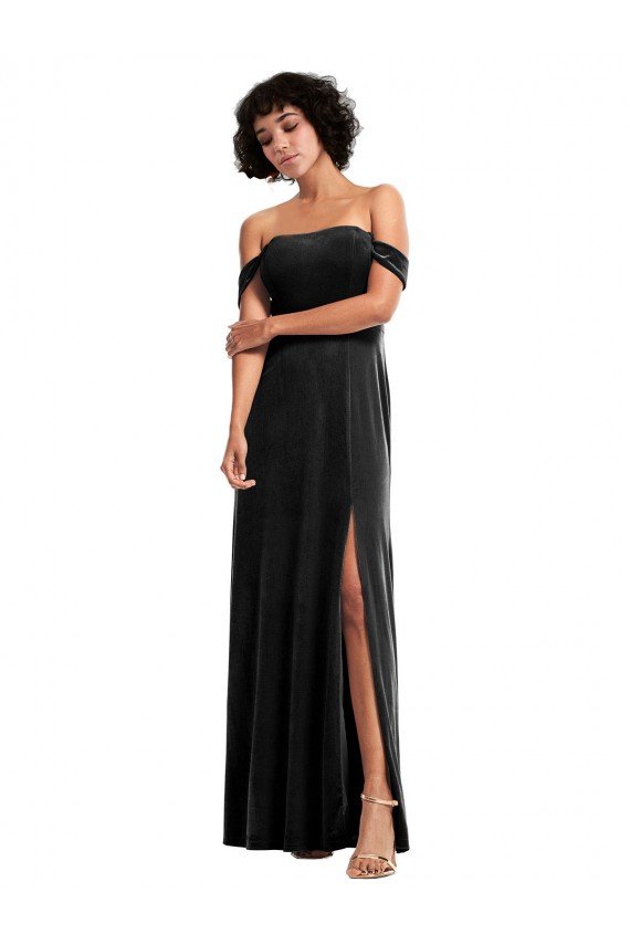Off the Shoulder Drapped Sleeves Stretch Velvet Evening Dress