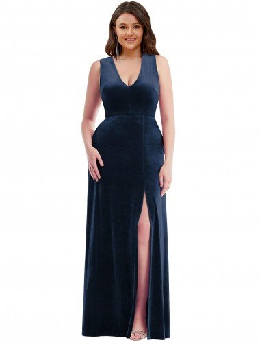 Deep V-Neck Sleeveless Velvet Evening Maxi Dress with Pockets UK