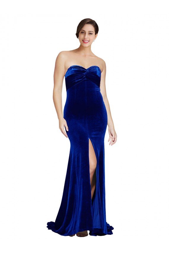 Strapless Ruched Velvet Evening Dress with Sweep Train and Front Slit