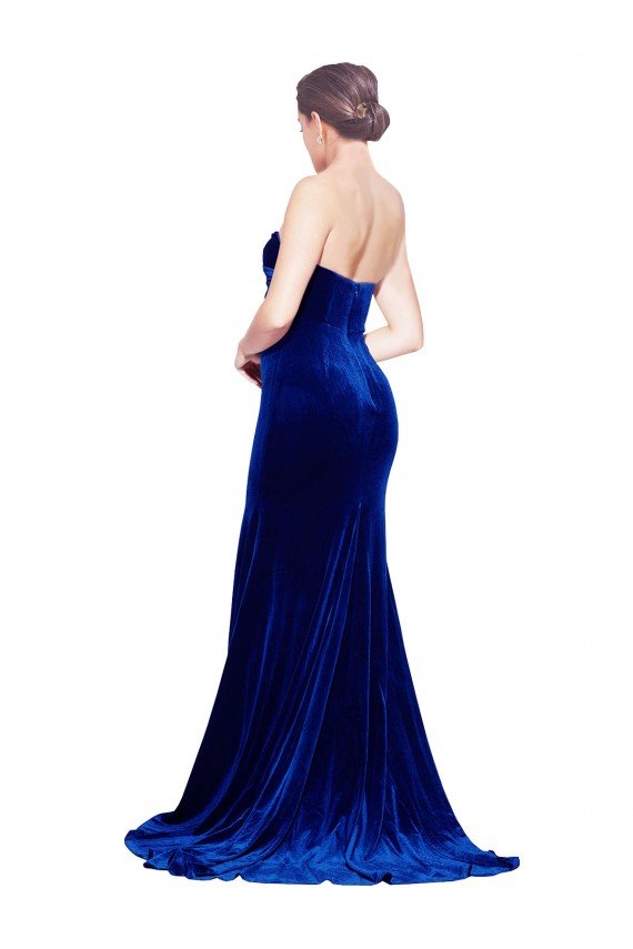 Strapless Ruched Velvet Evening Dress with Sweep Train and Front Slit