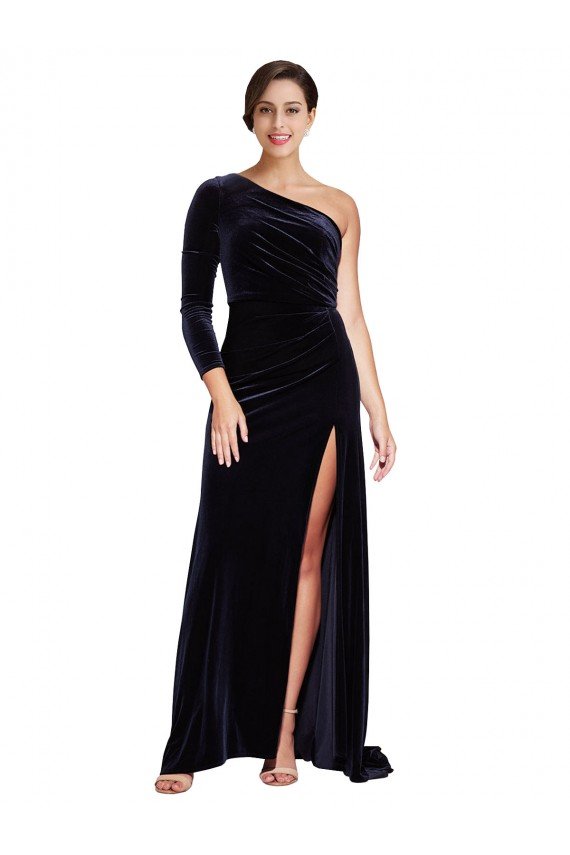 One Sleeve Long Velvet Evening Dress with Thigh High Split