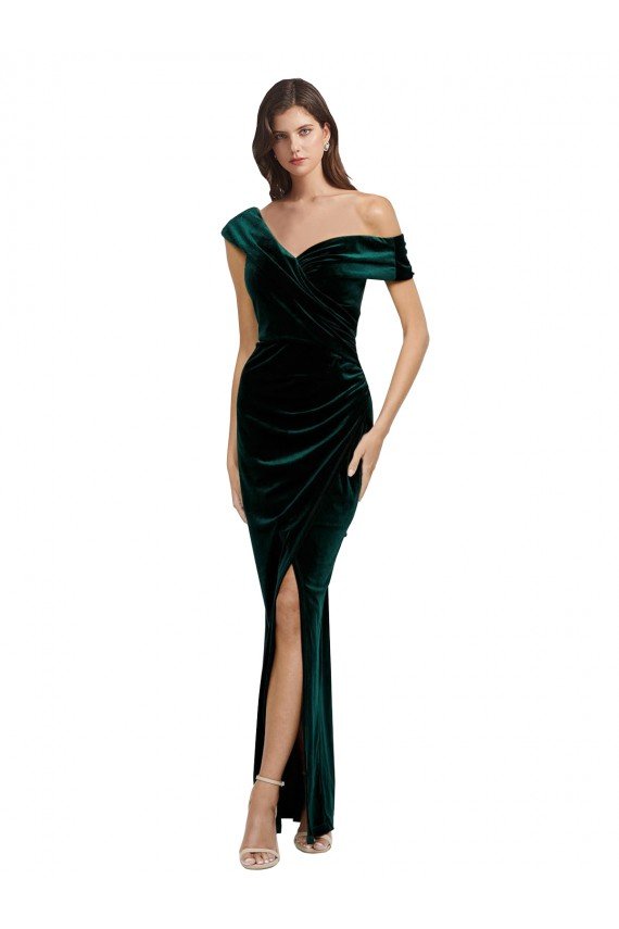 Long Asymmetric Neckline Ruched Velvet Evening Dress