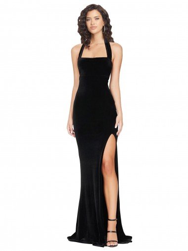 Halter Neck Wide Straps Long Velvet Evening Dress with Side Split UK