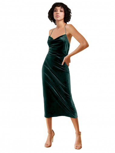 Midi Length Sleek Cowl Neckline Short Velvet Cocktail Evening Dress UK
