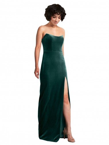 Scooped Strapless Long Velvet Evening Dress with Daring Side Slit UK