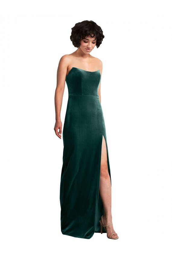 Scooped Strapless Long Velvet Evening Dress with Daring Side Slit